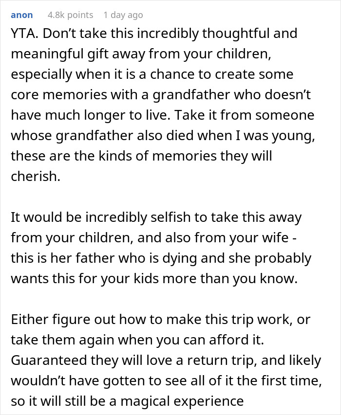 Man Wonders If It's Truly 'Selfish' And 'Heartless' To Ask His Wife To Cancel Her Terminally Ill Father&rsquo;s Trip To Disney With Their Daughters