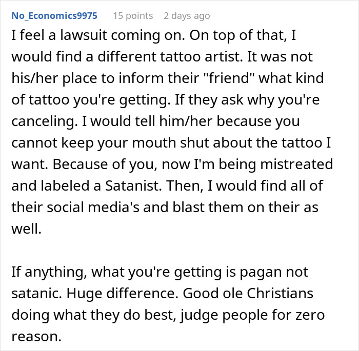 Reddit comment discussing Christian boss's reaction to employee's tattoo idea, mentioning judgment and lawsuit concerns. Reddit comment discussing Christian boss's reaction to employee's tattoo idea, mentioning judgment and lawsuit concerns.