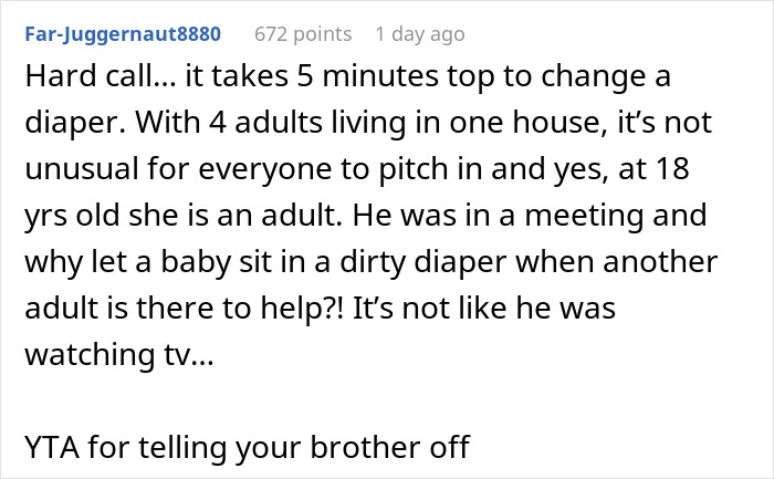 &ldquo;Am I A Jerk For Telling My Brother Off When He Berated My Daughter For Not Changing Her Cousin&rsquo;s Diaper?&rdquo;
