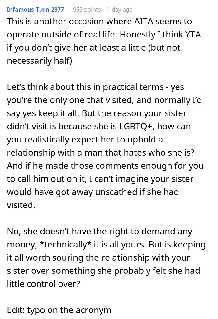Sister Cut Ties With Grandad For His Anti-LGBTQ+ Views, Later Demanded Her Brother Share Half Of His Inheritance Sister Cut Ties With Grandad For His Anti-LGBTQ+ Views, Later Demanded Her Brother Share Half Of His Inheritance