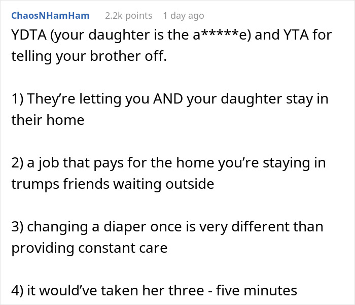 &ldquo;Am I A Jerk For Telling My Brother Off When He Berated My Daughter For Not Changing Her Cousin&rsquo;s Diaper?&rdquo;