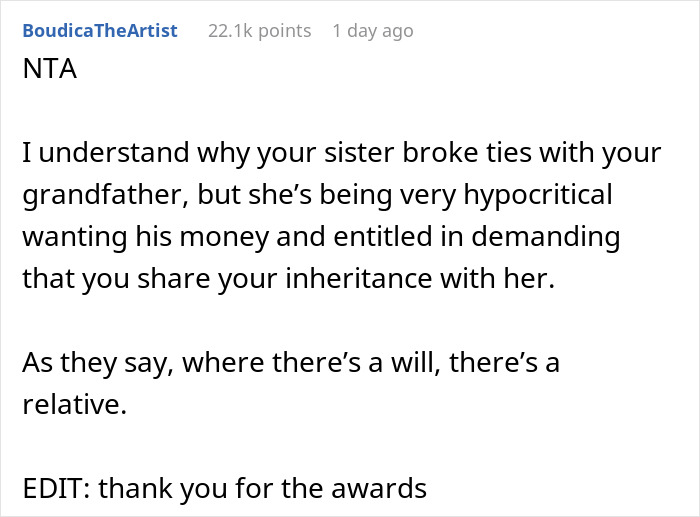 Sister Cut Ties With Grandad For His Anti-LGBTQ+ Views, Later Demanded Her Brother Share Half Of His Inheritance Sister Cut Ties With Grandad For His Anti-LGBTQ+ Views, Later Demanded Her Brother Share Half Of His Inheritance