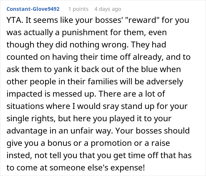 Person Asks If They're A Jerk For Not Giving Up Christmas Vacation So Coworkers With Families Can Have It Person Asks If They're A Jerk For Not Giving Up Christmas Vacation So Coworkers With Families Can Have It