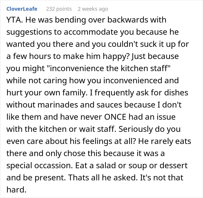 Wife Doesn't Attend Her Husband's Promotion Dinner All Because Of Her Picky Eating, The Internet Gives Her A Wake-Up Call Wife Doesn't Attend Her Husband's Promotion Dinner All Because Of Her Picky Eating, The Internet Gives Her A Wake-Up Call