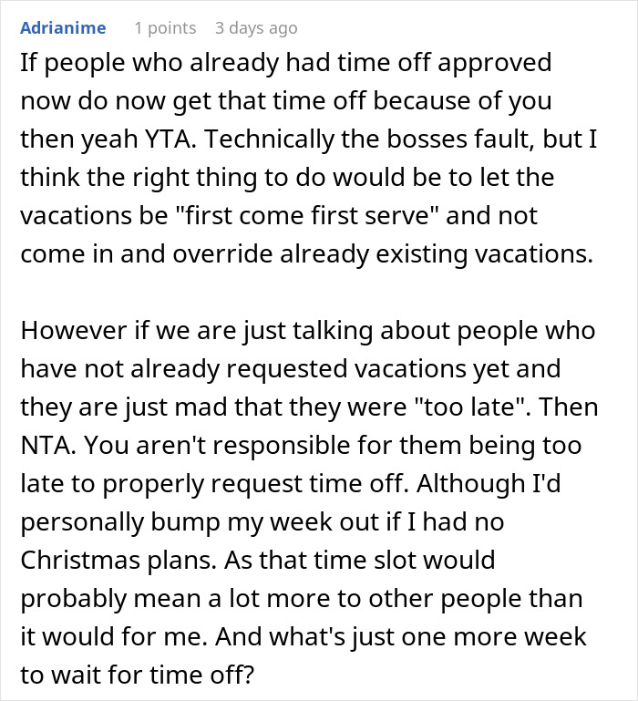 Person Asks If They're A Jerk For Not Giving Up Christmas Vacation So Coworkers With Families Can Have It Person Asks If They're A Jerk For Not Giving Up Christmas Vacation So Coworkers With Families Can Have It
