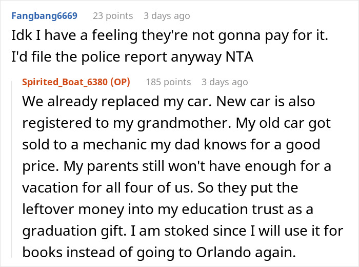 &ldquo;Am I A Jerk For Making My Parents Choose Between My Sister Going To Jail Or Replacing My Car With Their Vacation Money&rdquo;