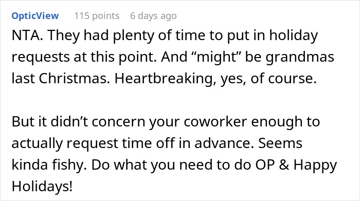 Person Asks If They're A Jerk For Not Giving Up Christmas Vacation So Coworkers With Families Can Have It Person Asks If They're A Jerk For Not Giving Up Christmas Vacation So Coworkers With Families Can Have It