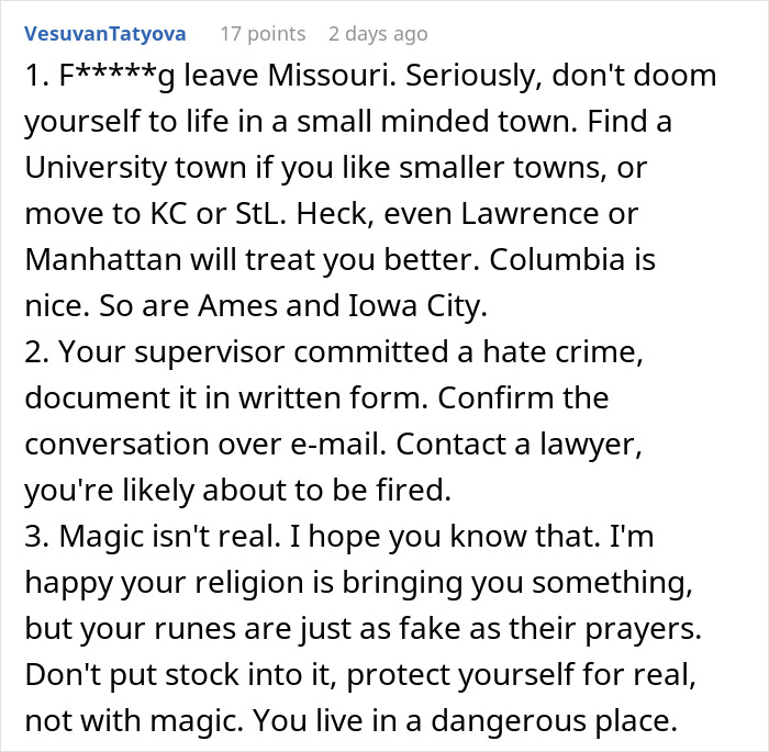 Text exchange discussing a Christian boss's reaction to employee's tattoo idea, with advice on documenting workplace discrimination. Text exchange discussing a Christian boss's reaction to employee's tattoo idea, with advice on documenting workplace discrimination.