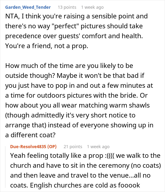 "We Are Absolutely NOT Allowed To Wear Coats”: Bridesmaid Stresses About Her Health After Bride Bans Coats From Her Winter Wedding "We Are Absolutely NOT Allowed To Wear Coats”: Bridesmaid Stresses About Her Health After Bride Bans Coats From Her Winter Wedding