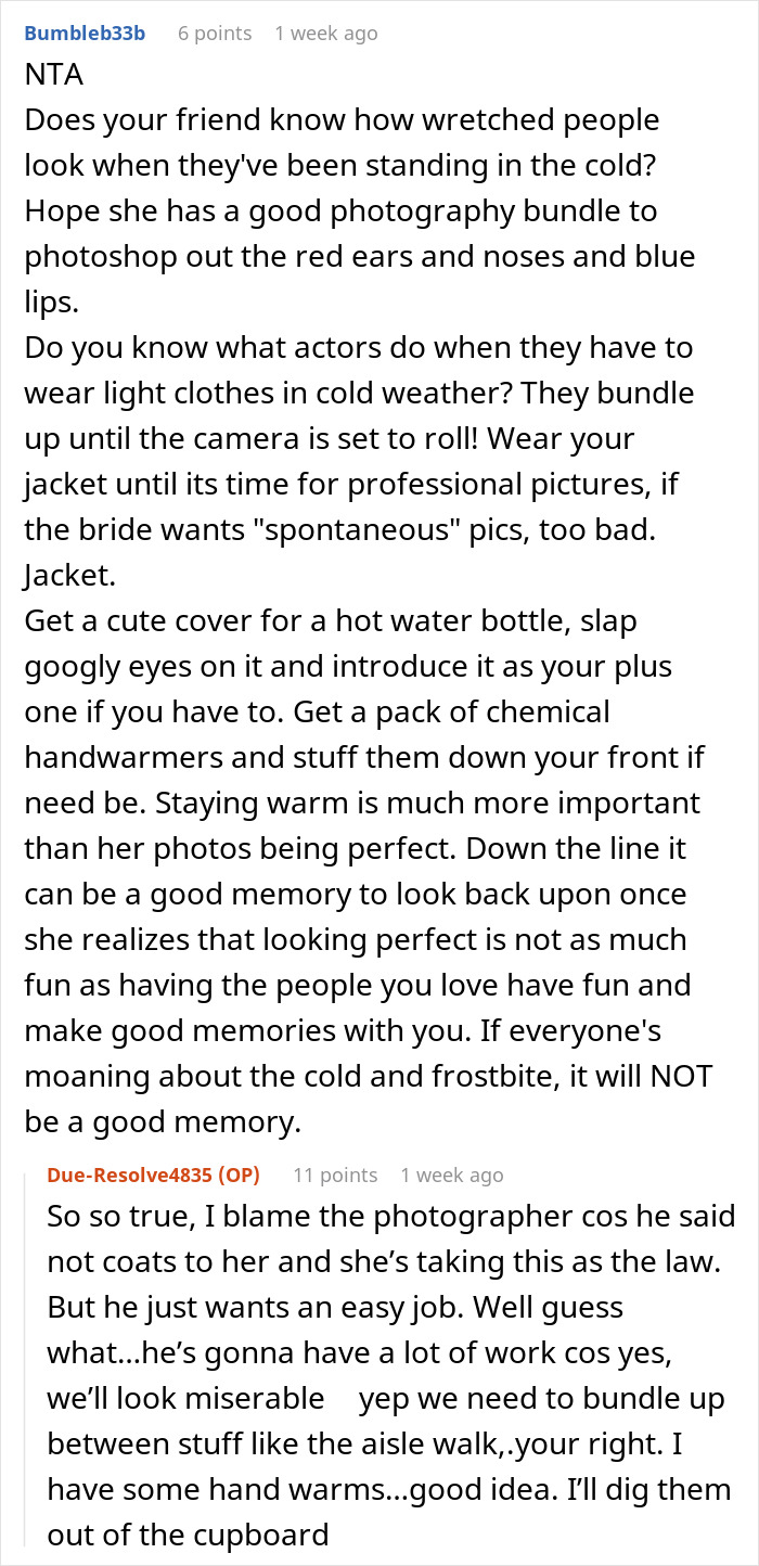 "We Are Absolutely NOT Allowed To Wear Coats”: Bridesmaid Stresses About Her Health After Bride Bans Coats From Her Winter Wedding "We Are Absolutely NOT Allowed To Wear Coats”: Bridesmaid Stresses About Her Health After Bride Bans Coats From Her Winter Wedding