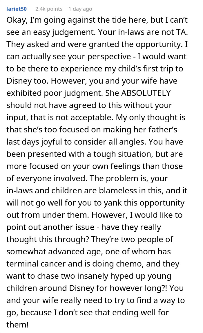 Man Wonders If It's Truly 'Selfish' And 'Heartless' To Ask His Wife To Cancel Her Terminally Ill Father&rsquo;s Trip To Disney With Their Daughters