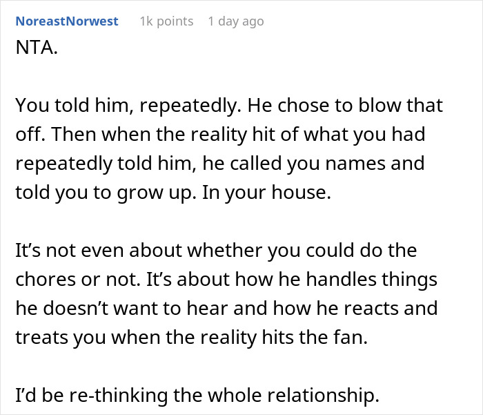 30 Y.O. Woman Asked To &lsquo;Grow Up&rsquo; By Her Boyfriend For Not Doing Any Chores After Warning Him In Advance She Won&rsquo;t Be Able To