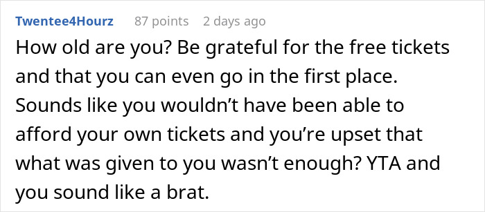 "They Just Threw Me The Scraps": Woman Is Told To 'Grow Up' After Getting Mad At Her Dad Who Bought Better Tickets To A Show For His Wife "They Just Threw Me The Scraps": Woman Is Told To 'Grow Up' After Getting Mad At Her Dad Who Bought Better Tickets To A Show For His Wife