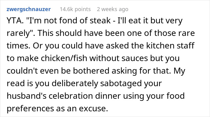 Wife Doesn't Attend Her Husband's Promotion Dinner All Because Of Her Picky Eating, The Internet Gives Her A Wake-Up Call Wife Doesn't Attend Her Husband's Promotion Dinner All Because Of Her Picky Eating, The Internet Gives Her A Wake-Up Call