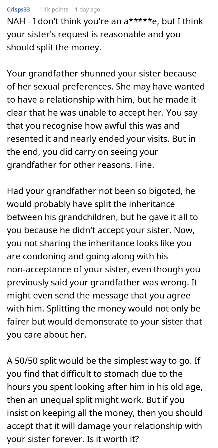 Sister Cut Ties With Grandad For His Anti-LGBTQ+ Views, Later Demanded Her Brother Share Half Of His Inheritance Sister Cut Ties With Grandad For His Anti-LGBTQ+ Views, Later Demanded Her Brother Share Half Of His Inheritance