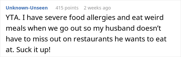 Wife Doesn't Attend Her Husband's Promotion Dinner All Because Of Her Picky Eating, The Internet Gives Her A Wake-Up Call Wife Doesn't Attend Her Husband's Promotion Dinner All Because Of Her Picky Eating, The Internet Gives Her A Wake-Up Call