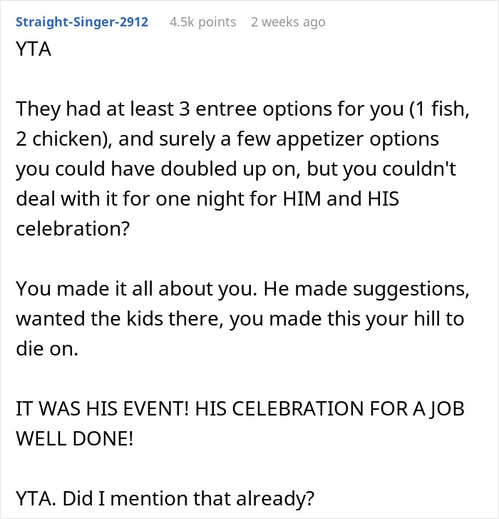 Wife Doesn't Attend Her Husband's Promotion Dinner All Because Of Her Picky Eating, The Internet Gives Her A Wake-Up Call Wife Doesn't Attend Her Husband's Promotion Dinner All Because Of Her Picky Eating, The Internet Gives Her A Wake-Up Call