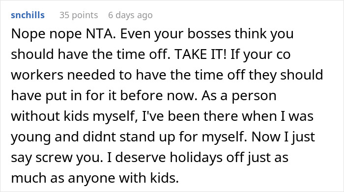 Person Asks If They're A Jerk For Not Giving Up Christmas Vacation So Coworkers With Families Can Have It Person Asks If They're A Jerk For Not Giving Up Christmas Vacation So Coworkers With Families Can Have It