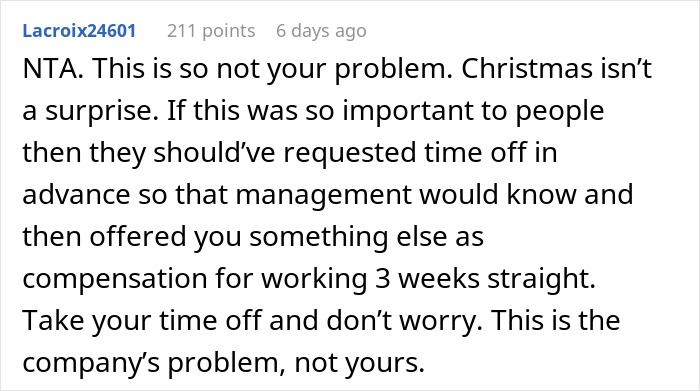 Person Asks If They're A Jerk For Not Giving Up Christmas Vacation So Coworkers With Families Can Have It Person Asks If They're A Jerk For Not Giving Up Christmas Vacation So Coworkers With Families Can Have It