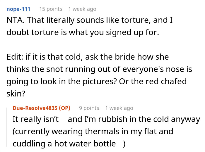 "We Are Absolutely NOT Allowed To Wear Coats”: Bridesmaid Stresses About Her Health After Bride Bans Coats From Her Winter Wedding "We Are Absolutely NOT Allowed To Wear Coats”: Bridesmaid Stresses About Her Health After Bride Bans Coats From Her Winter Wedding