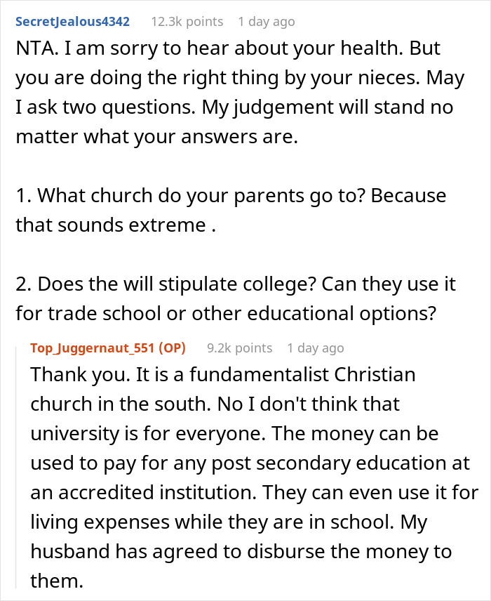 Woman Refuses To Simply Give Money To Her Parents Who Are Raising Her Nieces As They Are Ultra-Religious, But Leaves Them Inheritance With A Condition