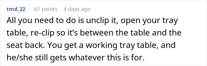 Plane Passenger Annoyed After Learning They Can’t Use Their Tray Table Because A Woman Put A Seat Attachment Over It Plane Passenger Annoyed After Learning They Can’t Use Their Tray Table Because A Woman Put A Seat Attachment Over It