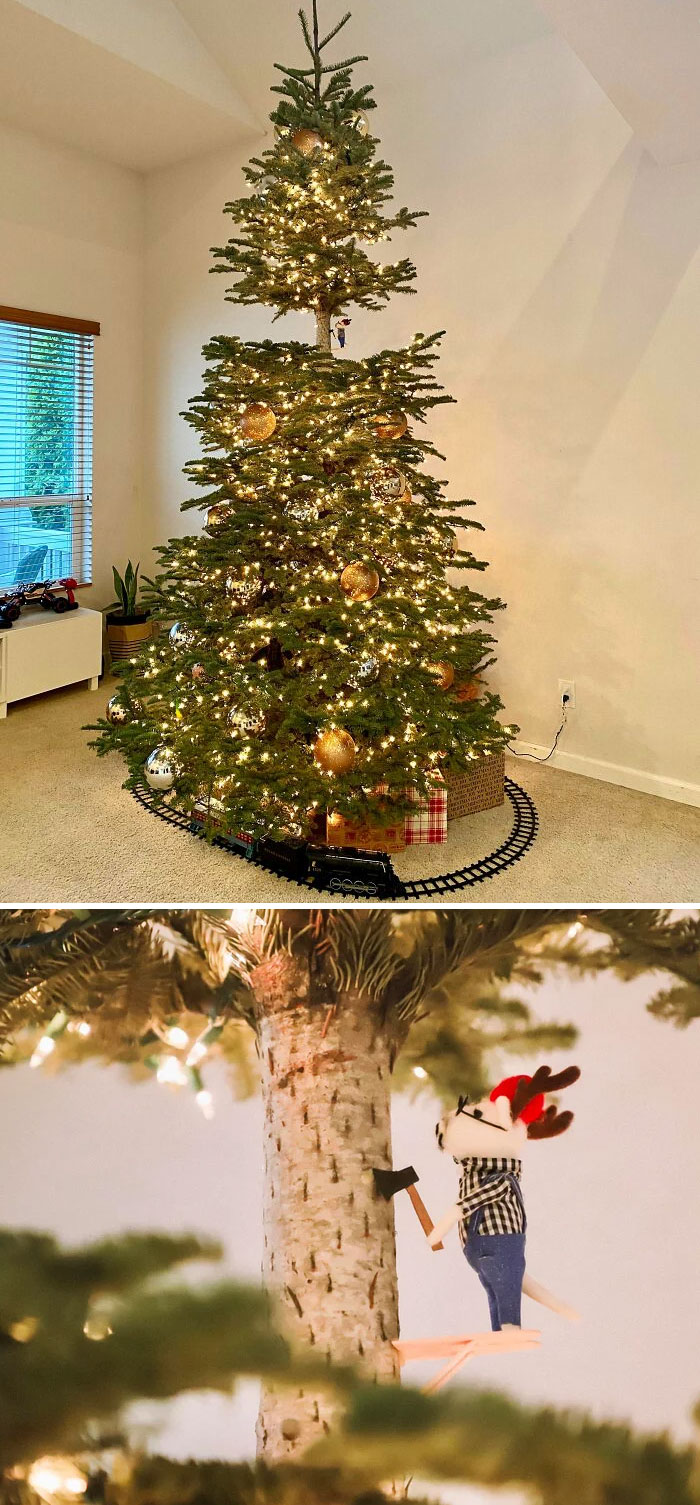 My Husband And I Always Try To Find The One Tree We Think No One Will Take Home. This Year Our 14’ Tree Has A 12” Gap At The Top. Complete With Mini Lumberjack Mouse