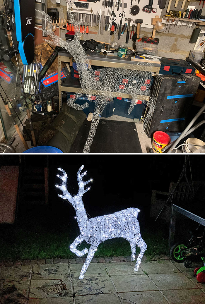 Mi reno hecho a mano, con alambre, varillas metálicas, precintos y 50 barras de pegamento caliente 