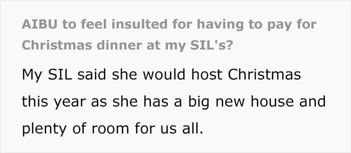 Woman Brings 5 Bottles Of Wine To Sister-In-Law's Christmas Dinner, Is Charged Additional $50 For Food Woman Brings 5 Bottles Of Wine To Sister-In-Law's Christmas Dinner, Is Charged Additional $50 For Food