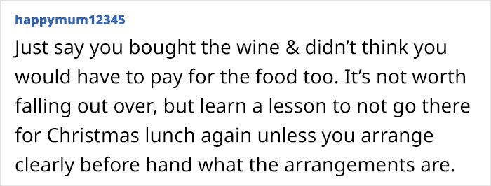 Woman Brings 5 Bottles Of Wine To Sister-In-Law's Christmas Dinner, Is Charged Additional $50 For Food Woman Brings 5 Bottles Of Wine To Sister-In-Law's Christmas Dinner, Is Charged Additional $50 For Food
