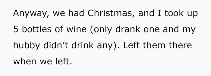 Woman Brings 5 Bottles Of Wine To Sister-In-Law's Christmas Dinner, Is Charged Additional $50 For Food Woman Brings 5 Bottles Of Wine To Sister-In-Law's Christmas Dinner, Is Charged Additional $50 For Food