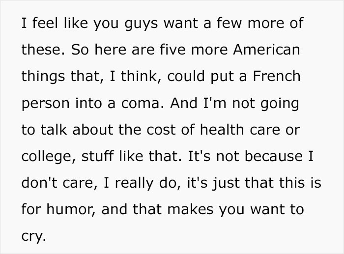 Woman Breaks Down 10 American And 10 French Things That Would Send Each Other Into A Coma