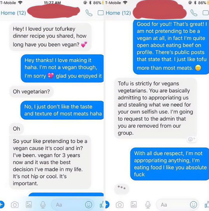 Text conversation about veganism leads to cringe-worthy argument over tofu and eating habits.