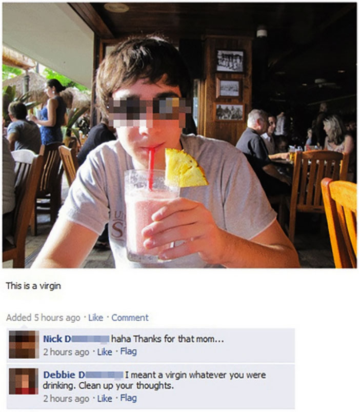 Person sipping a drink with a funny Facebook comment exchange. Cringe pic highlighting embarrassing social media moments.