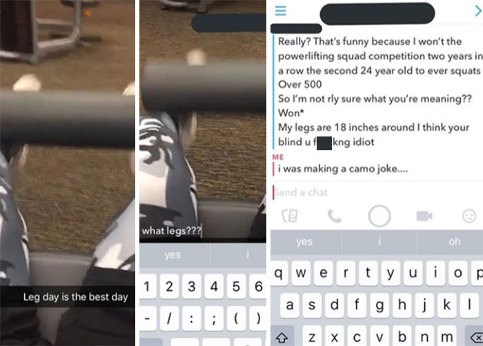 Embarrassing cringe pics of a gym-goer misunderstanding a camouflage joke about leg day.