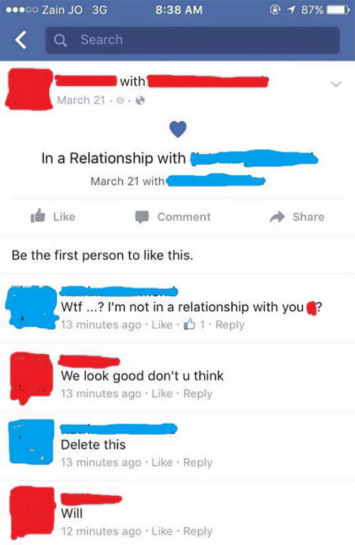Cringe Pics: Awkward Facebook relationship post with funny comments.