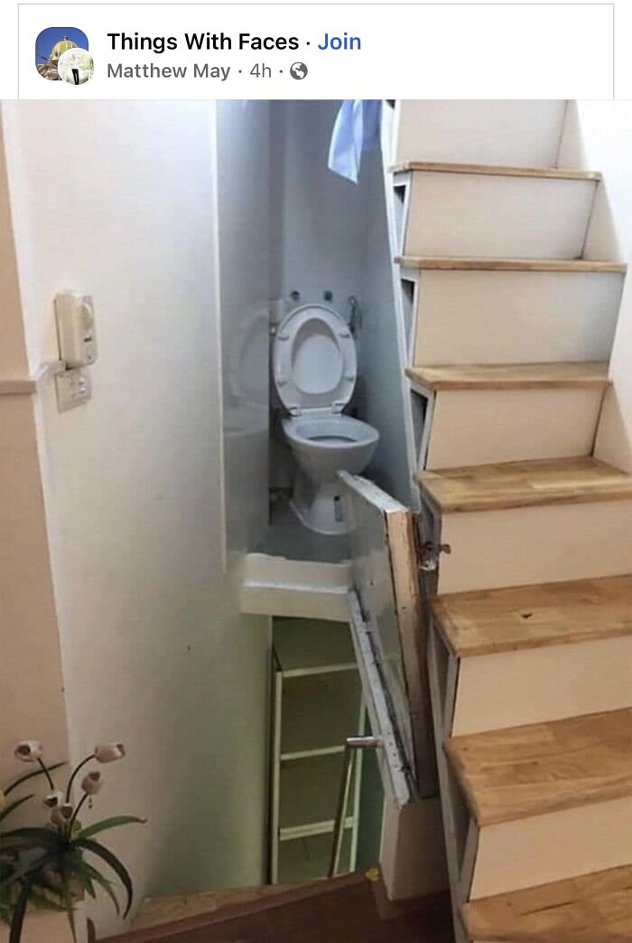 I See Fear. Death Stairs And A Ladder Beneath The Toilet? At Least They Added Some Flowers To Make It More Inviting