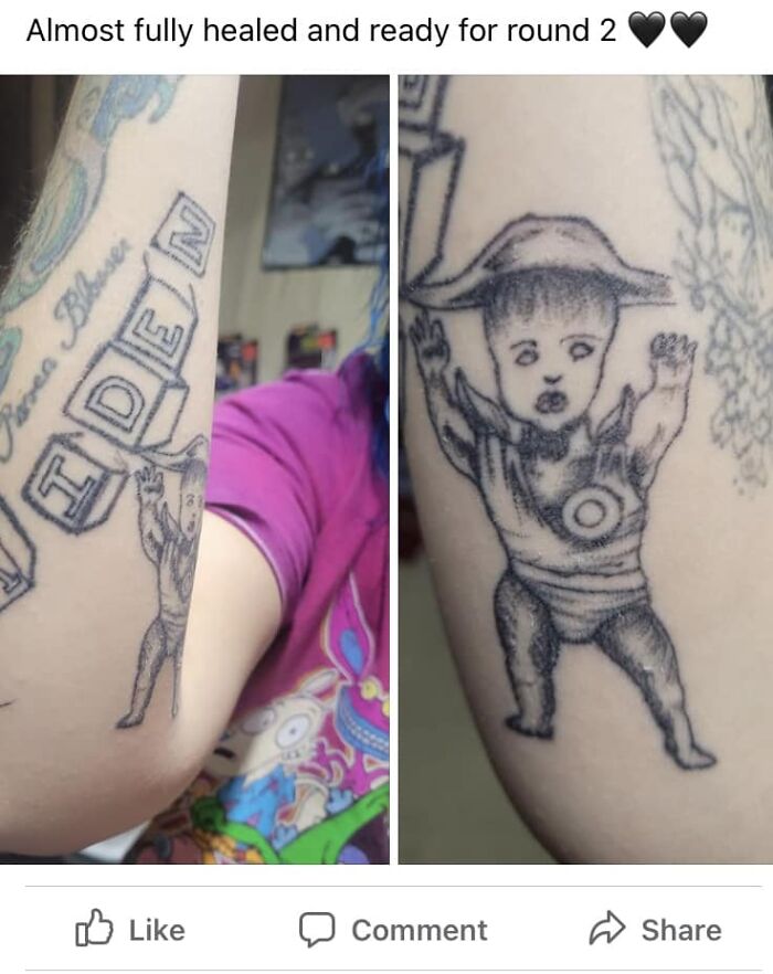 Bad tattoo showcasing a poorly drawn child in a hat, illustrating inkshame.