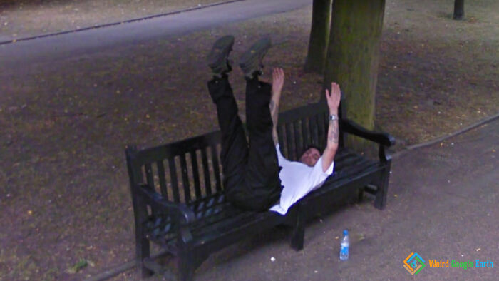 "Falling On A Bench". Colchester, UK