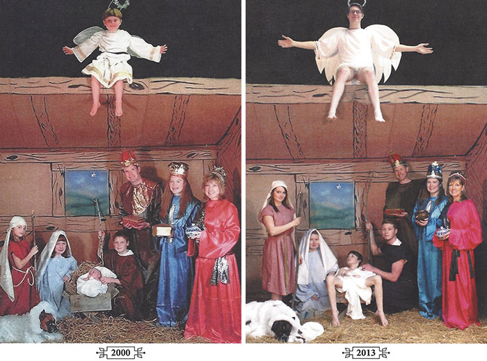 People with a sense of humor recreating a funny nativity scene in 2000 and 2013.