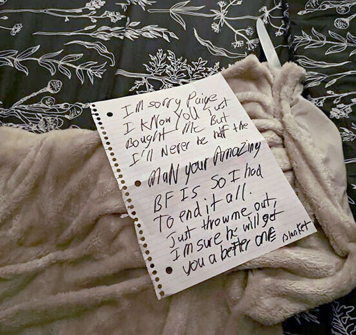 Funny breakup note left on a fuzzy blanket, adding humor to Christmas.