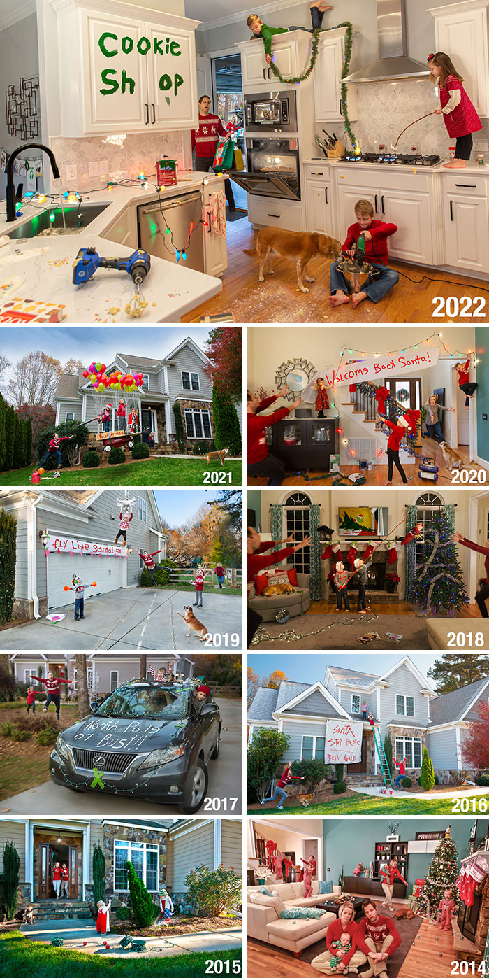 People adding humor to Christmas with amusing decorations and antics in various settings over the years.
