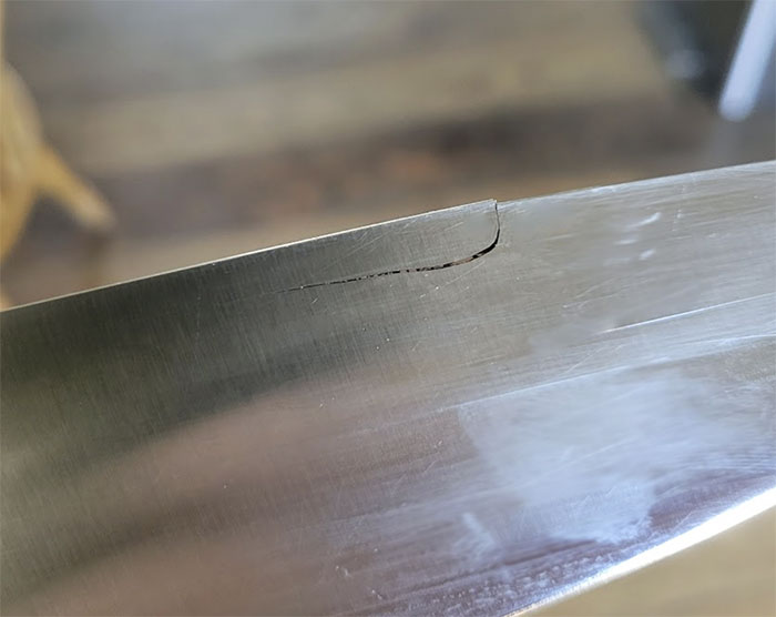 My Brothers And Sister Chipped In To Get My Mom A Nice Set Of Kitchen Knives. Dad Used The Chef Knife To Pry Frozen Meat Apart And Cracked It