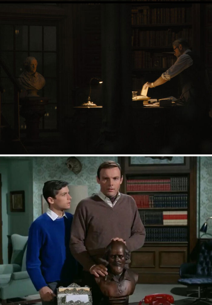 Two scenes from popular films showing characters interacting with busts in dim and bright settings, highlighting Easter eggs.