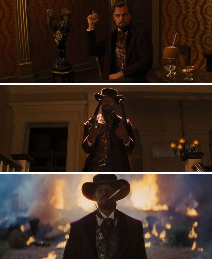 Scenes from popular films featuring key characters highlighting Easter eggs and hidden film details in dramatic settings.