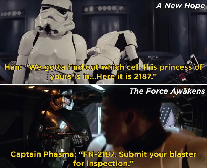 Star Wars Easter eggs and hidden details featuring stormtroopers and Captain Phasma in iconic film scenes.