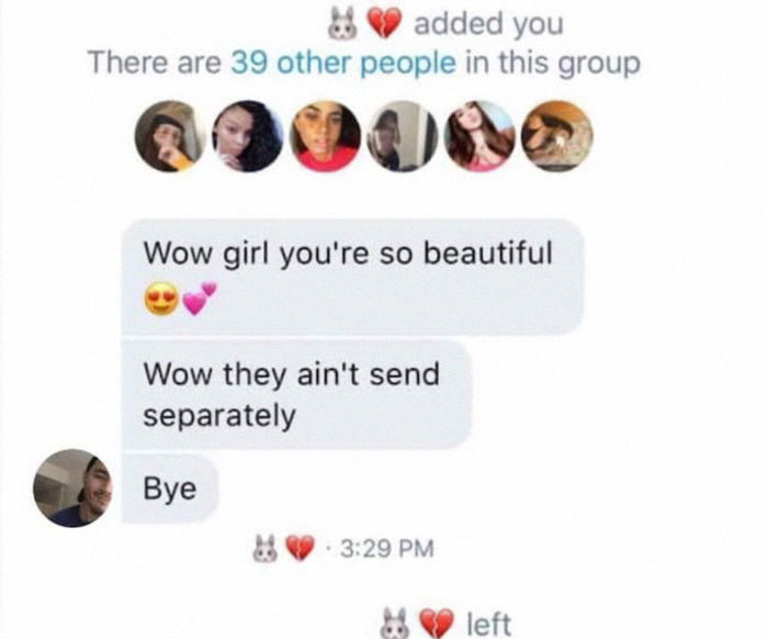 Group chat mistake with a failed private message attempt, showing awkward cringe pic moment.