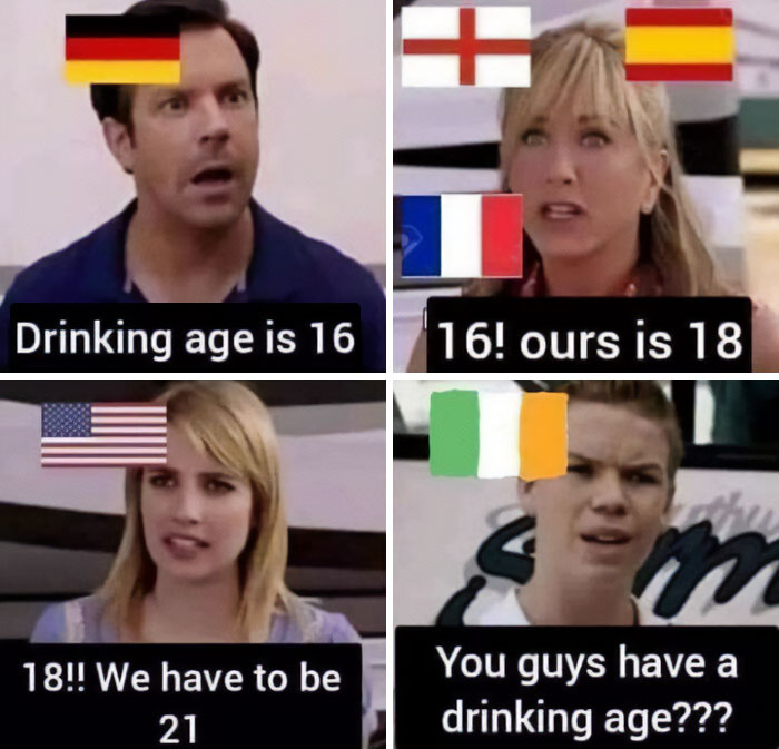 Four characters discussing drinking ages with Ireland highlighted as unique, illustrating reasons why Ireland is a world apart.