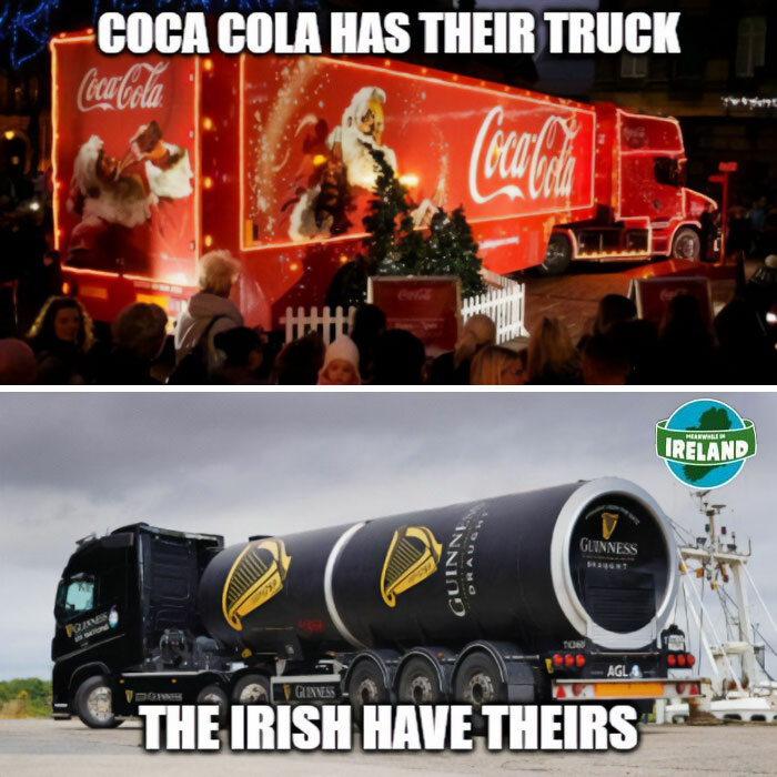 Festive Coca-Cola truck and large Guinness beverage tanker truck in Ireland, showcasing unique Irish drink culture and celebrations.
