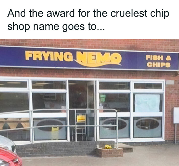 Frying Nemo fish and chips shop with a humorous name, showcasing unique charm of Ireland’s culture and local businesses.